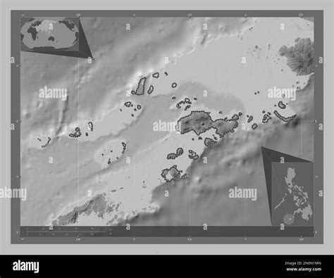 Sulu, province of Philippines. Grayscale elevation map with lakes and ...