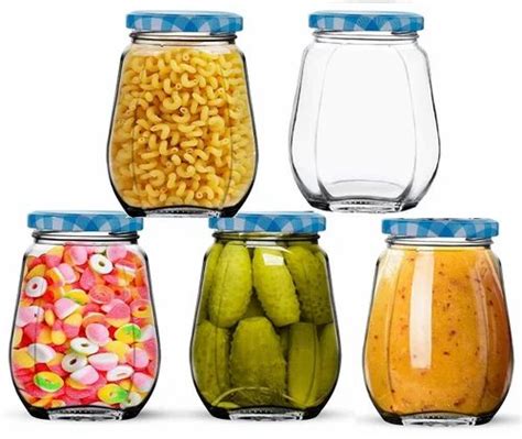 Capacity Ml Crown Glass Jar With Airtight Chex Blue Metal Lid