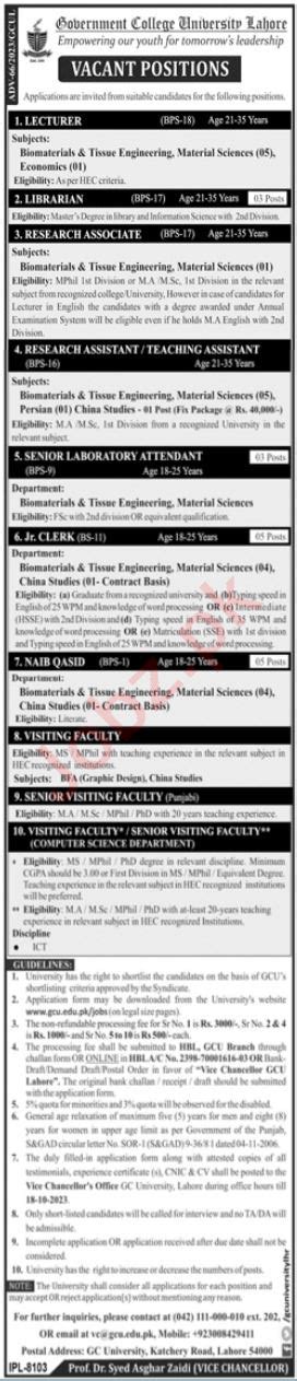 Government College University Gcu Lahore Jobs 2023 2024 Job