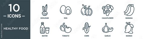 Healthy Food Outline Icon Set Includes Thin Line Kohlrabi Egg