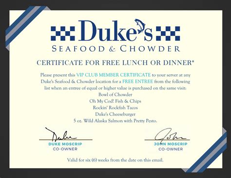 Dukes Seafood Welcome Reward Certificate Dukes Seafood