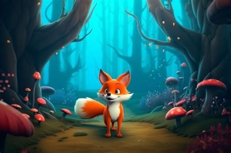 premium photo cartoon fox   forest generative ai