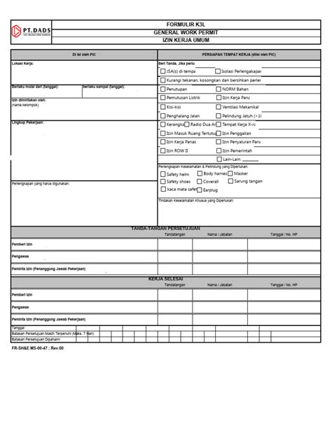 contoh general work permit