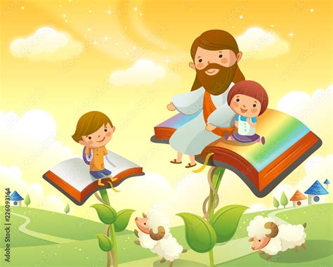 Jesus Christ sitting with two children on books Stock Vector | Adobe Stock