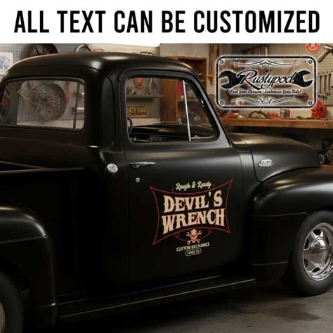 personalized red devil logo lettering decal hot rod deal kustom kulture