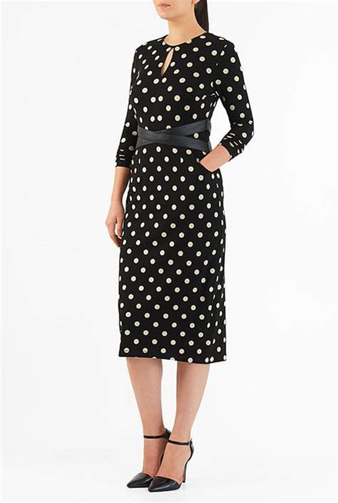 Shop Faux Leather Waist Polka Dot Cotton Knit Sheath Dress Eshakti