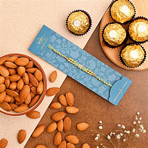 Green Stone Rakhi And Almonds With Ferrero Rocher Usa Gift Green