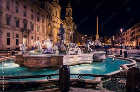 Navona square (Piazza Navona) at night.The famous square with the ...