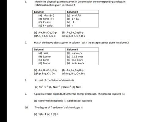 Match The Heavy Objects Given In Column I With The Escape Speeds Given In