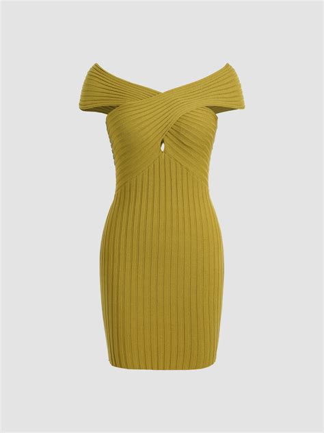 Solid Off The Shoulder Knit Dress For Date Exhibition Vacation