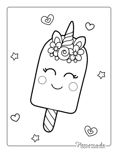 Kawaii Coloring Pages Cute Popsicle With Unicorn Horn Summer Coloring