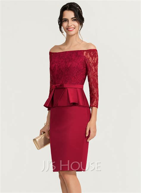 Sheath Column Off The Shoulder Knee Length Satin Lace Cocktail Dress