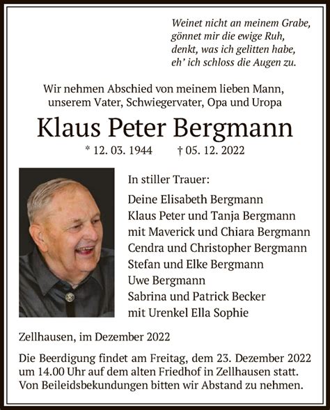 Traueranzeigen Von Klaus Peter Bergmann Trauer Op Online De