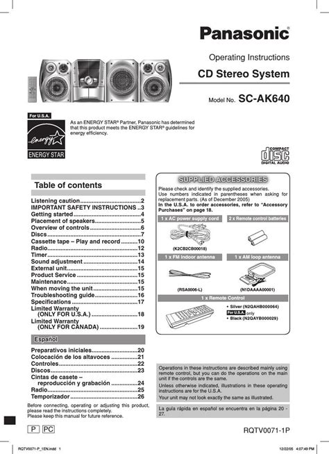 Free Audio Service Manuals Free Download Panasonic Sa Ak 640 Owners Manual