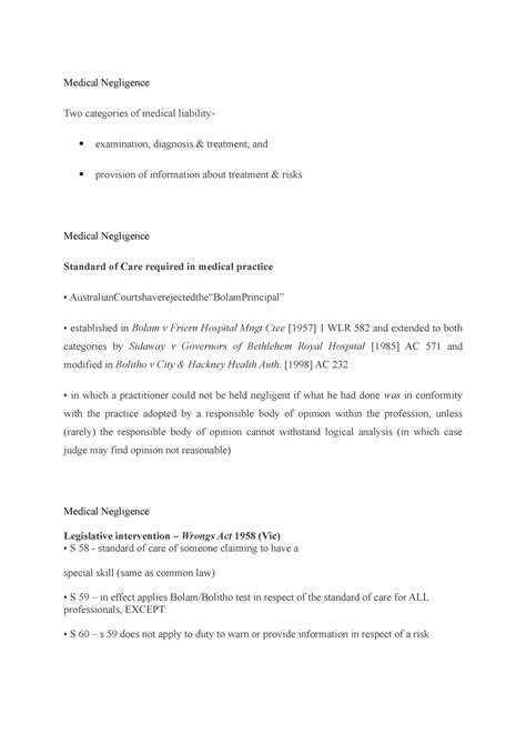 Medical Negligence Lecture Notes 6 Medical Negligence Two