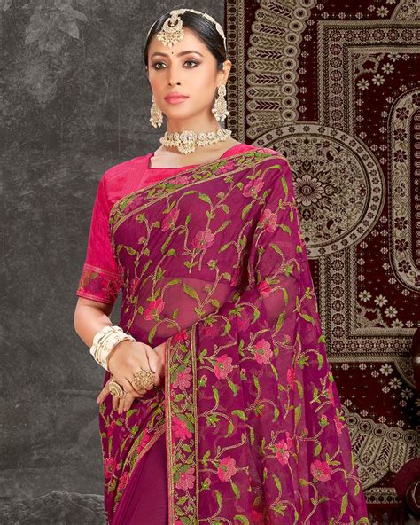 Vishal Prints Wine Fancy Chiffon Embroidery Work Saree With Core Pipin