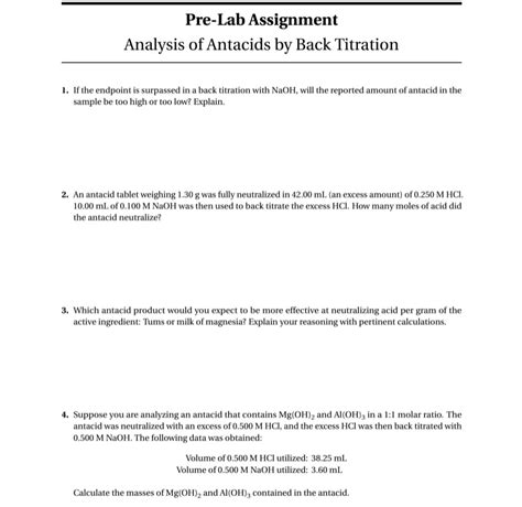 SOLVED Pre Lab Assignment Analysis Of Antacids By Back Titration Mthe