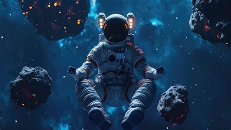 Astronaut In Lotus Position In Space Surrounded By Asteroids Premium