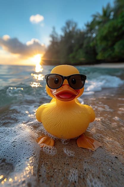 Premium Photo Yellow Rubber Duck With Sunglasses On A Tropical Beach