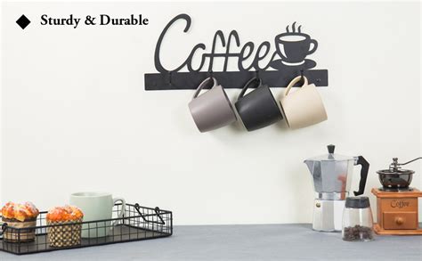 Myt Black Metal Coffee Mug Rack Wall Mounted Holder With 4 Hooks And Coffee Word Sign And Cup