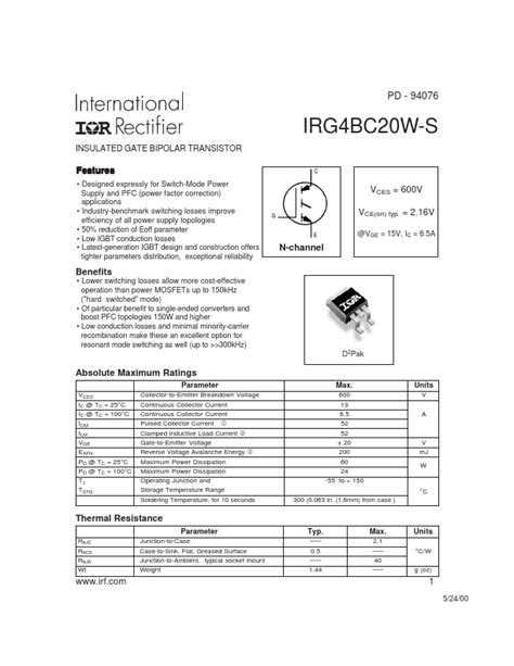 Irg Bc W S Irf Transistor Hoja De Datos Ficha T Cnica Distribuidor