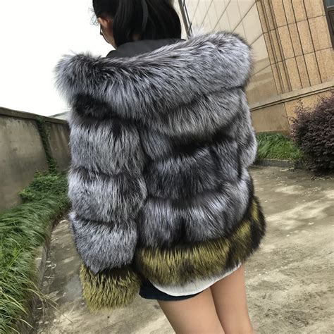 New Real Fox Fur Coat Genuine Silver Fox Fur Hooded Coat Thick Female