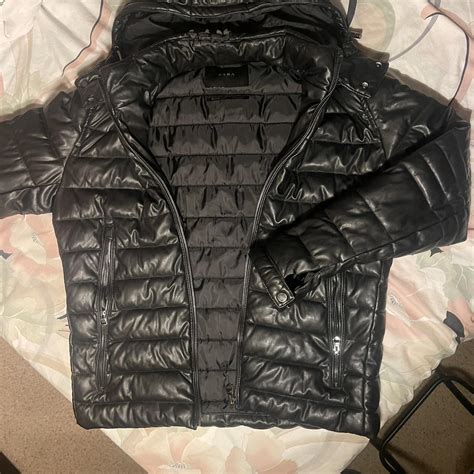 Zara Black Leather Puffer Jacket Size Large For Men Depop