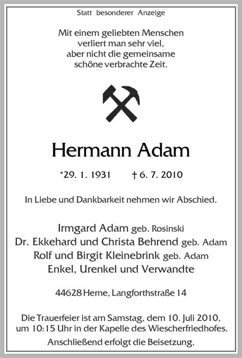 Traueranzeigen Von Hermann Adam Trauer In NRW De