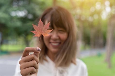 Premium Photo Portrait Of Young Woman Holding Maple Leaf During Autumn