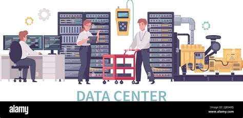 Datacenter Cartoon Composition With Gear Icons And Characters Of