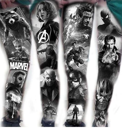 The Avengers Tattoo Is Shown In Black And White With Many Different