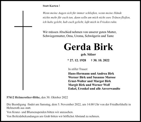 Traueranzeigen Von Gerda Birk Rz Trauer De