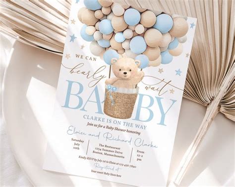 Editable Teddy Bear Hot Air Balloon Bear Theme Baby Shower Invitation We Can Bearly Wait Invites