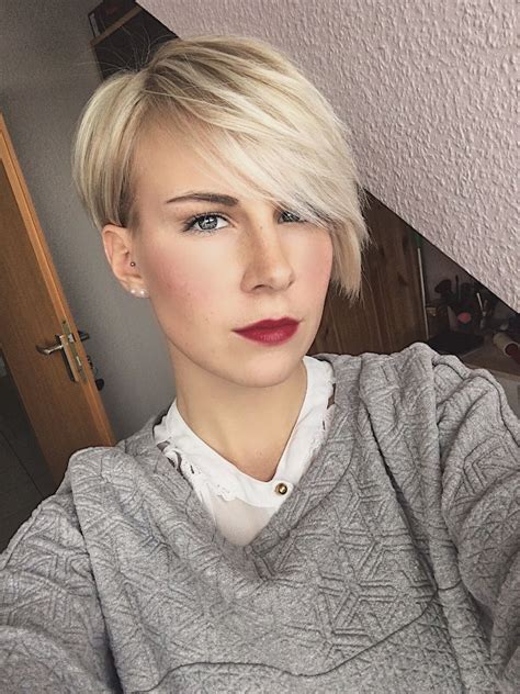 Short Pixie Bob With An Undercut Ash Blonde Hair With Red Lipstick And Blue Eyes Ash Blonde