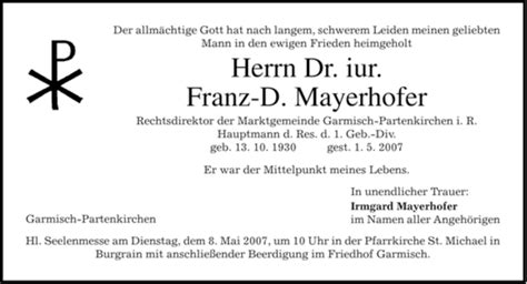 Traueranzeigen Von Franz D Mayerhofer Trauer Merkur De