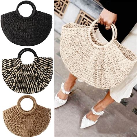 Women Handbag Rattan Wicker Straw Woven Half Round Bag Large Capacity