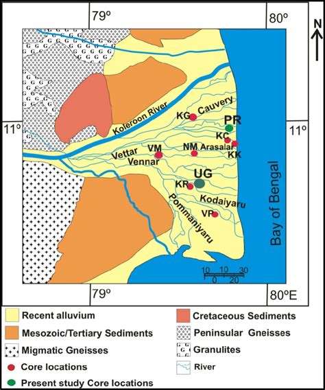 Map showing Cauvery river basin Geology, locating the studied cores ...