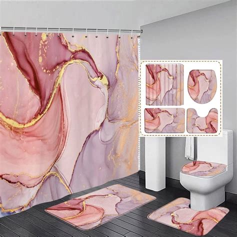 Abstract Pink Marble Shower Curtain Set Purple Gold Textured Geometric