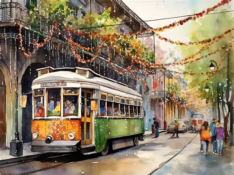 New Orleans Painting Streetcar Watercolor Mardi Gras Art Print Tram Art