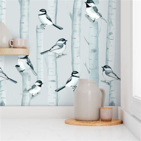 Birch Trees And Chickadees Cool Small Wallpaper Spoonflower