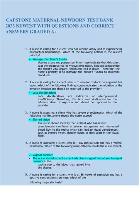 ATI CAPSTONE MATERNAL NEWBORN ASSESSMENT PRE ASSESSMENT POST