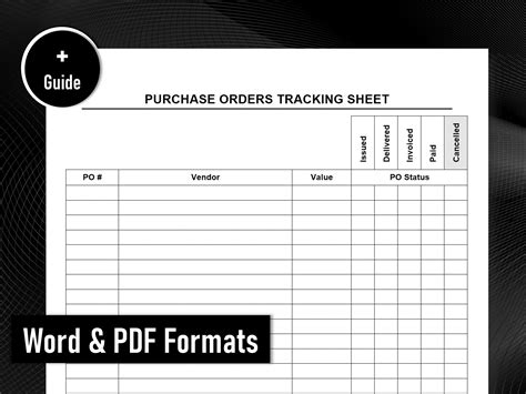 Purchase Orders Tracking Sheet In Pdf And Microsoft Word Editable Digital Download Format With