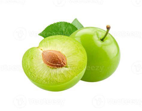 Fresh Green Plum and Halved Plum with Seed and Leaves Detail. 67907256 PNG
