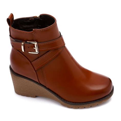 Dejavu Zipper Leather Wedge Ankle Brown Boots Best Price Online