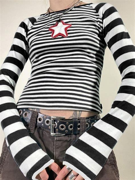 Star Embroidery Striped Long Sleeve Crop Top Black M In Long