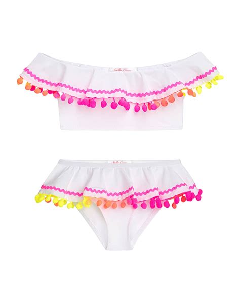 Stella Cove Girl S Neon Ric Rac Pompom Ruffle Two Piece Bikini Set