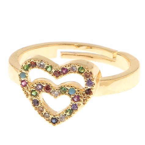 Bague réglable double coeur avec zircons Doré Multicolore x1