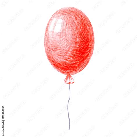 Bright red balloon, drawing by crayon. Hatching colored pencil. Stock ...