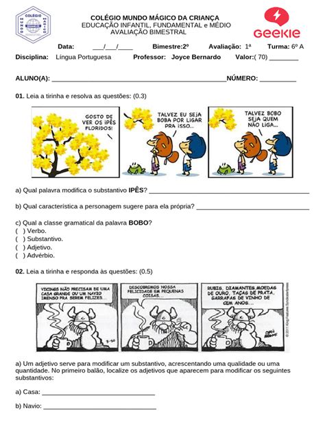 Prova De 6 Ano Portugues - Prova de português 6 º ano | PDF | Adjetivo | Substantivo