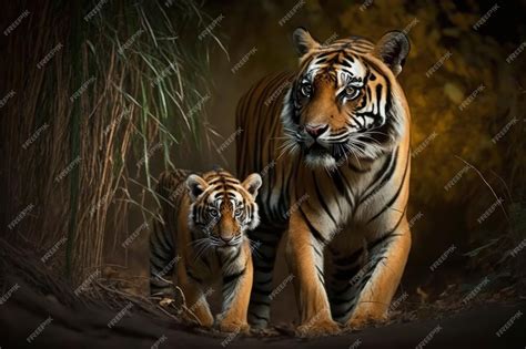 Premium Photo | Tiger with cub in natural habitat generative ai